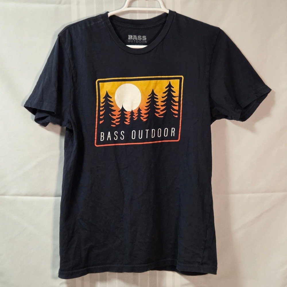 Bass Outdoor T-Shirt Mens M Black Sunset Forest Graphic Short Sleeve Cotton Tee
